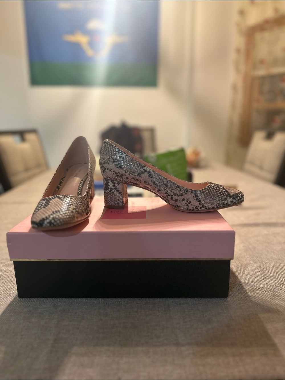 Snake-Skin Block Heel Pumps in Black and Gray